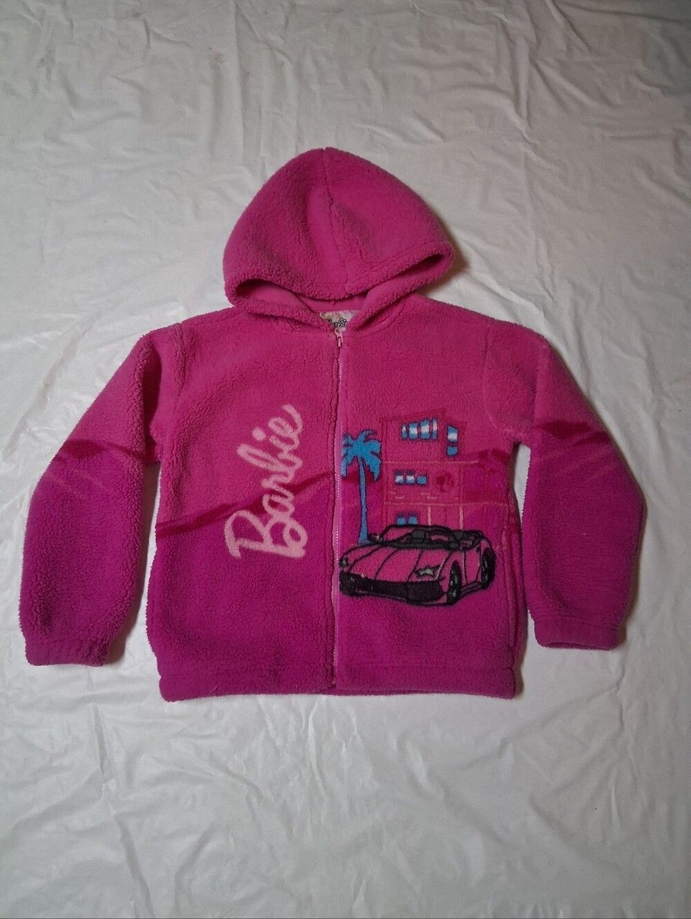 Barbie Hot Pink Fleece Hooded Zip Jacket with Graphic Girl's Size 10/12 Preowned